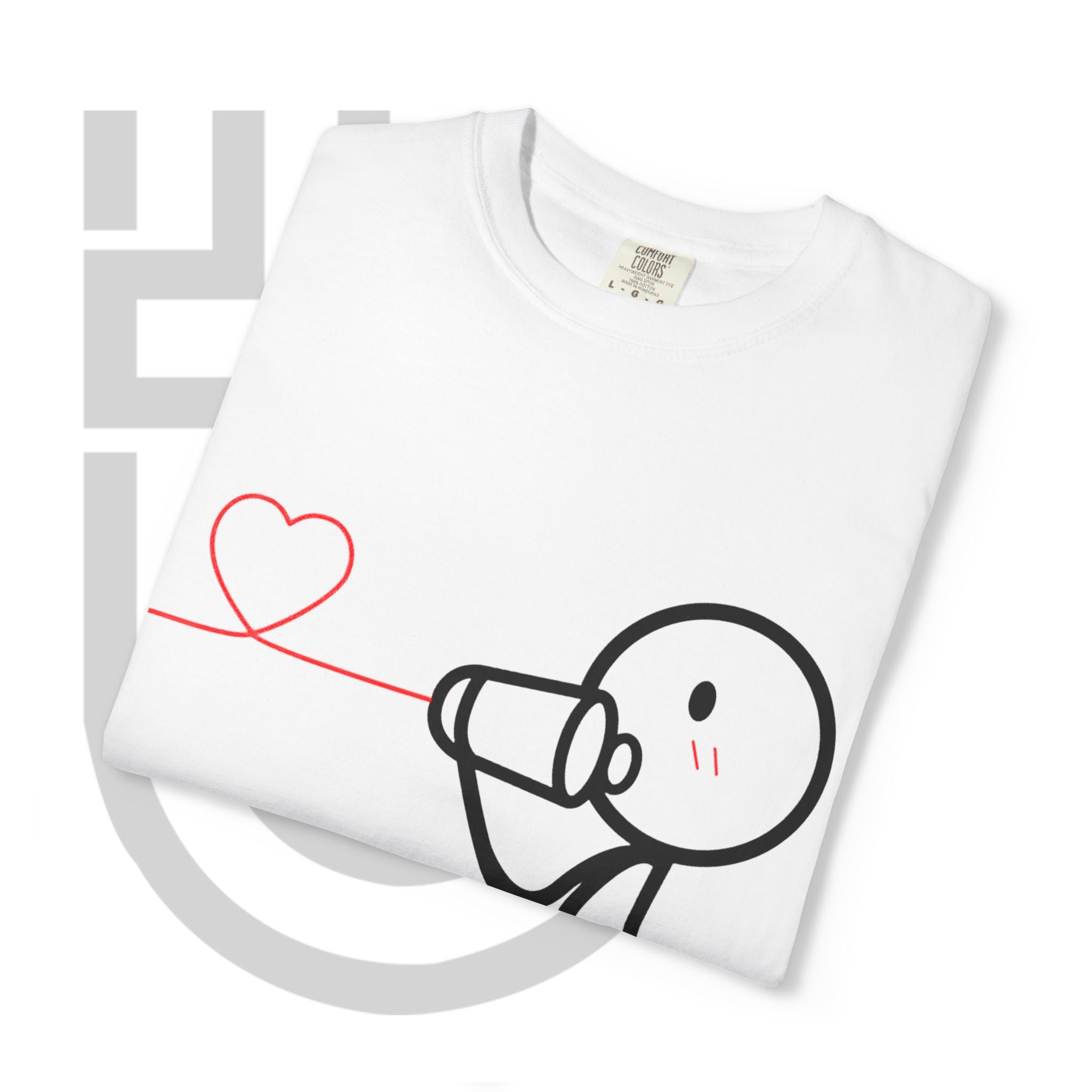 Stick Figure Can Phone T‑Shirt — Cute Heartline Conversation Tee